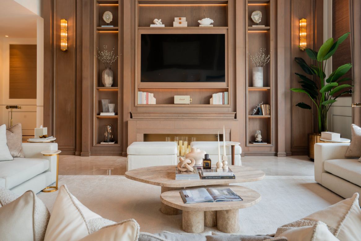 Built-in TV and display cabinetry in lounge – Jumeirah Park Villa interior design by Hive Living, Dubai