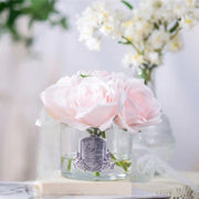 Five Rose Bouquet Glass Vase with 5 Artificial Silk Flowers French Pink