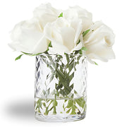 Rose Buds Herringbone Bouquet Glass Vase with Artificial Silk Flowers Ivory White