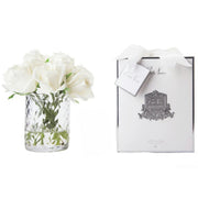 Rose Buds Herringbone Bouquet Glass Vase with Artificial Silk Flowers Ivory White